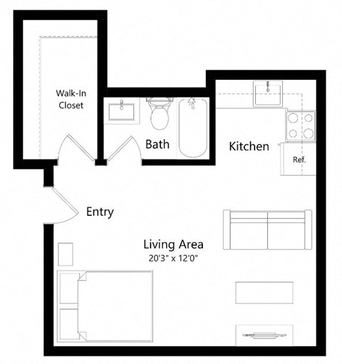 Floor plan for studio, 1 bath, 365 sqft